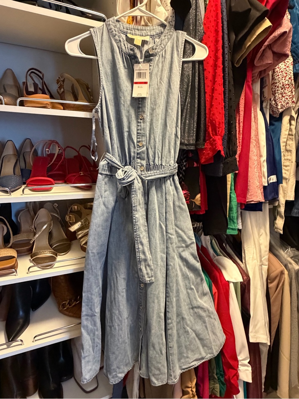 MICHAEL Michael Kors Light Blue Denim Midi Dress with Tie Waist